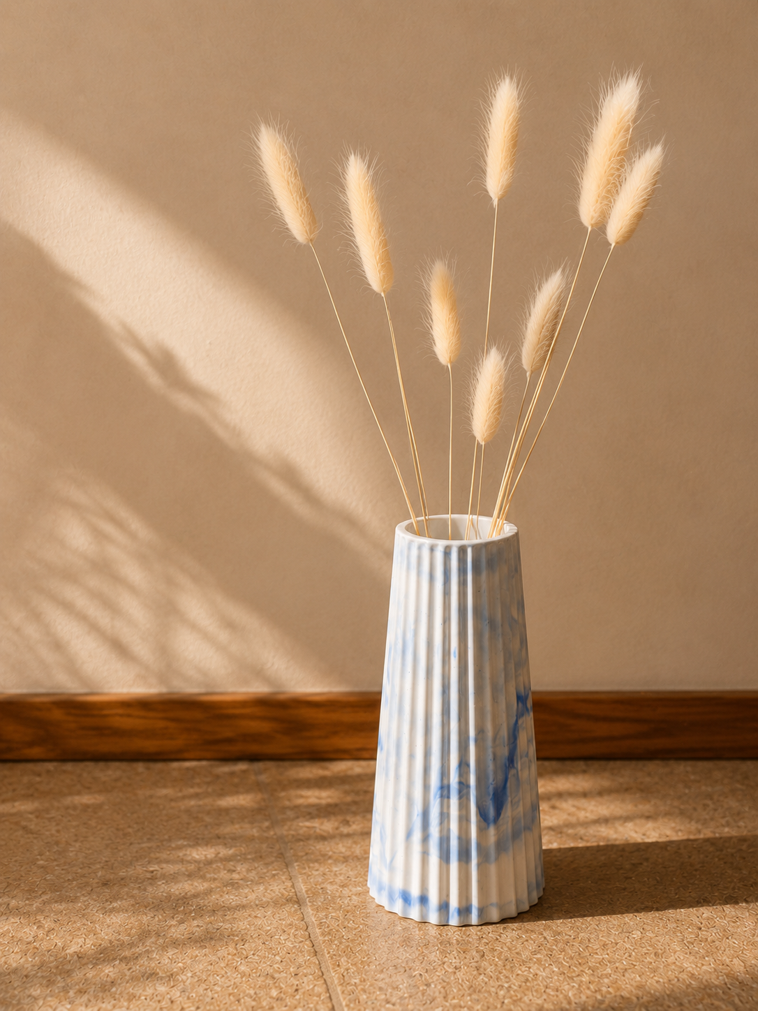 Ribbed Porcelain Vase – White & Blue Marble